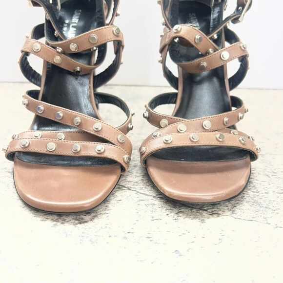 Saint Laurent Paris Jerry Studded Buckle Brown Leather Strappy Heels Womens 6 - Picture 4 of 12